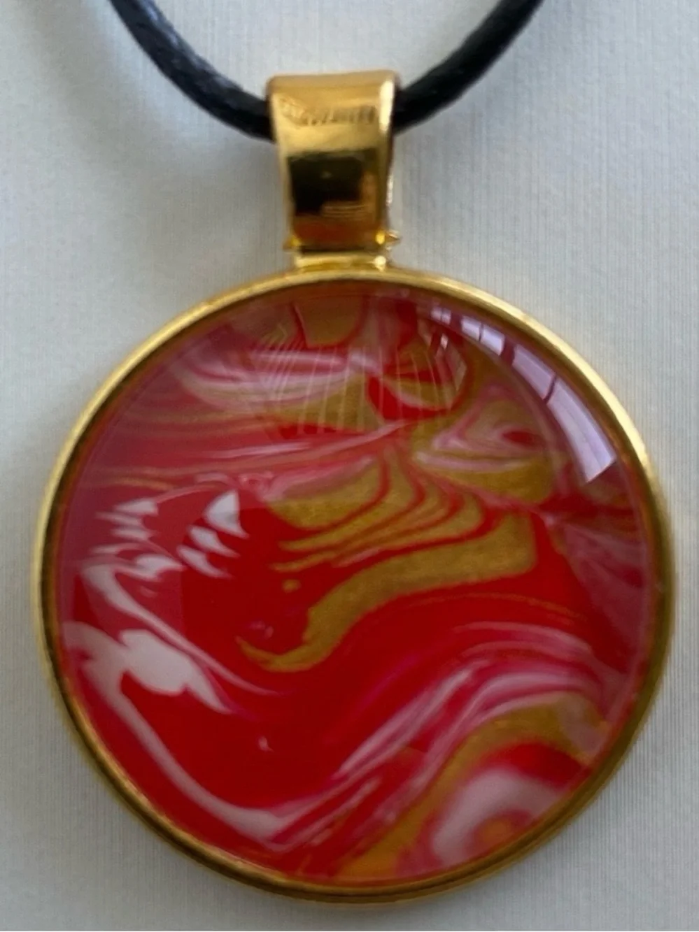 Hand Crafted Red and Gold Fluid Art Pendant Necklace by Svetlana Yeung